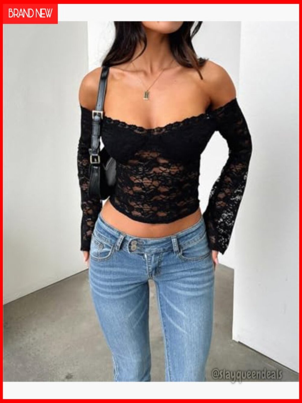 Off Shoulder Crop Top Long Sleeve Sheer Lace Backless Going Out - Picture 5 of 7